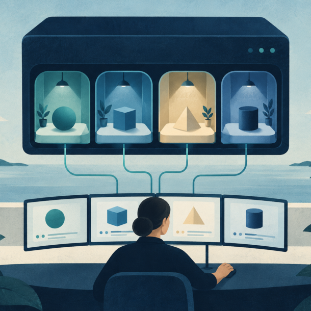 Conceptual illustration of separate hosting compartments linked to client screens.