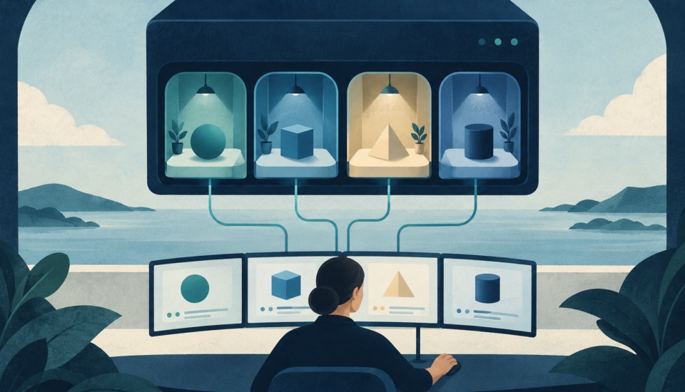 Conceptual illustration of separate hosting compartments linked to client screens.