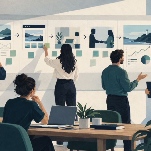 Conceptual illustration of a team reviewing website workflow cards and an illustrative monitoring chart.