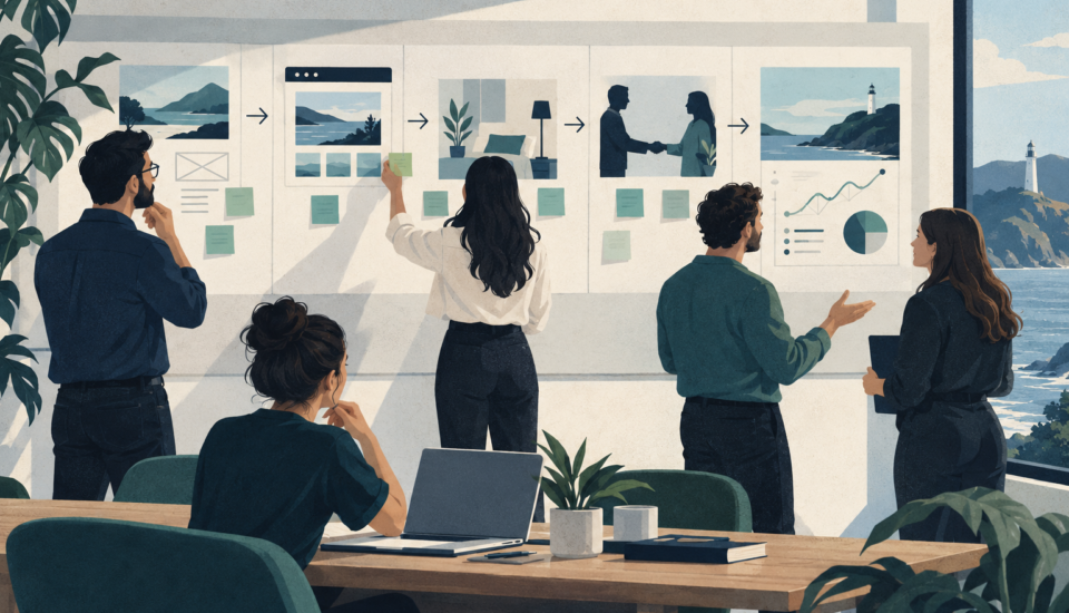 Conceptual illustration of a team reviewing website workflow cards and an illustrative monitoring chart.
