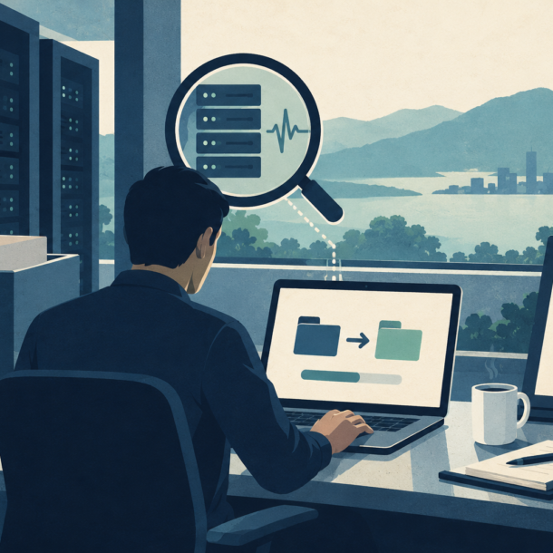 Conceptual illustration of a server operator reviewing a file transfer, diagnostic magnifier and checklist.