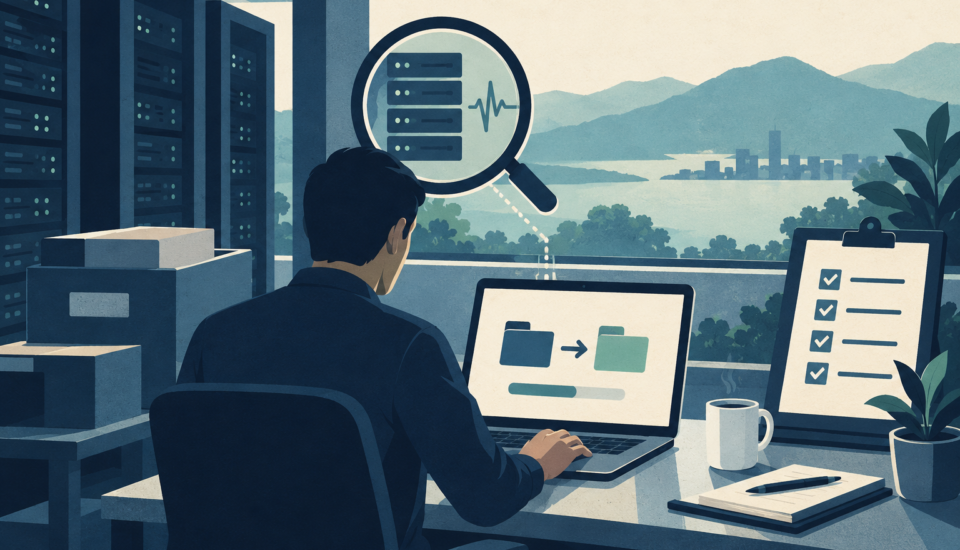 Conceptual illustration of a server operator reviewing a file transfer, diagnostic magnifier and checklist.
