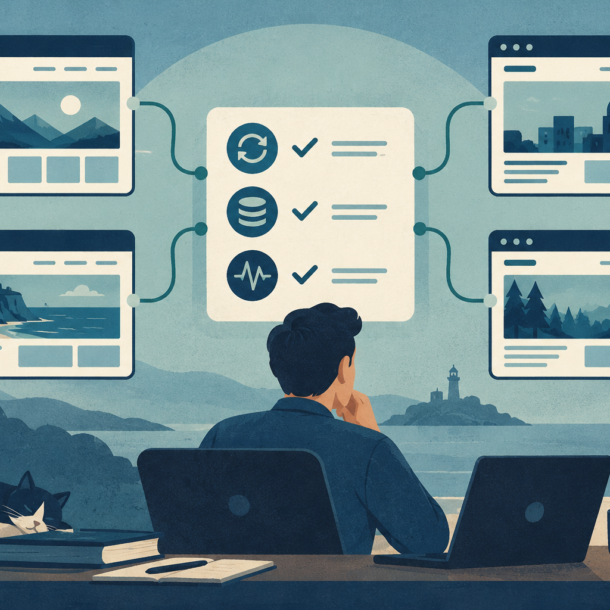 Conceptual illustration of website cards linked to central update, backup and monitoring icons.