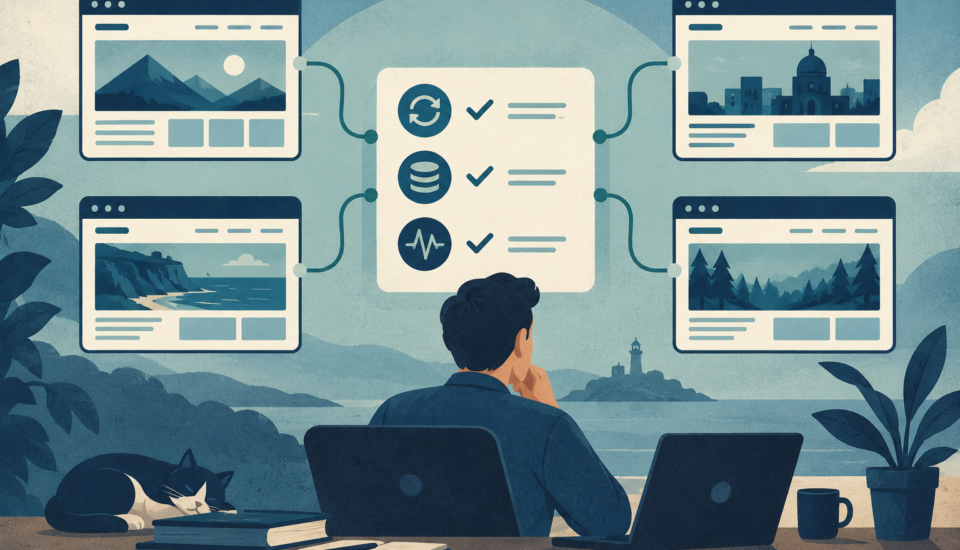 Conceptual illustration of website cards linked to central update, backup and monitoring icons.
