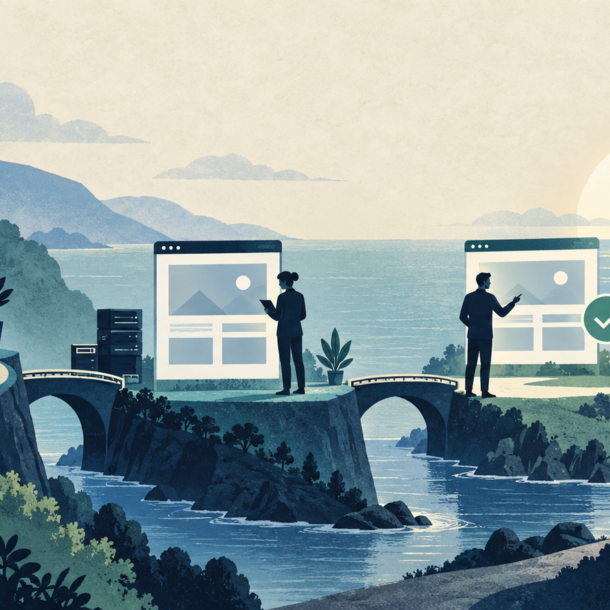 Conceptual illustration of website development and review stages connected by bridges.