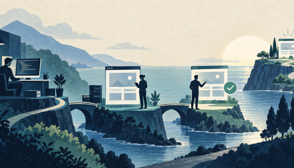 Conceptual illustration of website development and review stages connected by bridges.