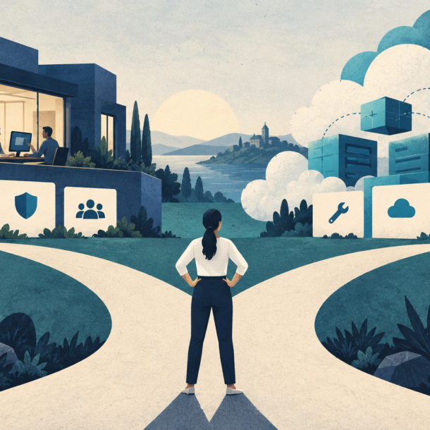 Conceptual illustration of a person comparing a managed service team with cloud servers and support icons.