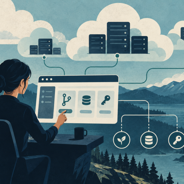 Conceptual illustration of a control panel linked to cloud servers, deployment, database and access-key icons.