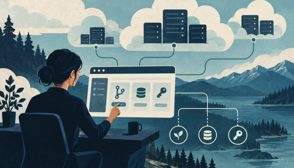 Conceptual illustration of a control panel linked to cloud servers, deployment, database and access-key icons.