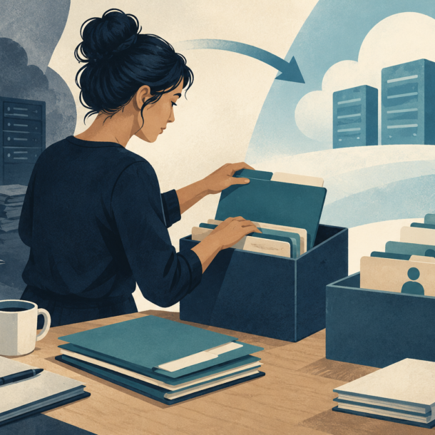 Conceptual illustration of a person organizing client folders with servers and a migration arrow behind them.