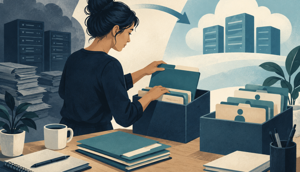 Conceptual illustration of a person organizing client folders with servers and a migration arrow behind them.