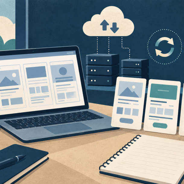 Conceptual illustration of website service cards beside hosting servers, cloud backup symbols and a blank planning notebook.