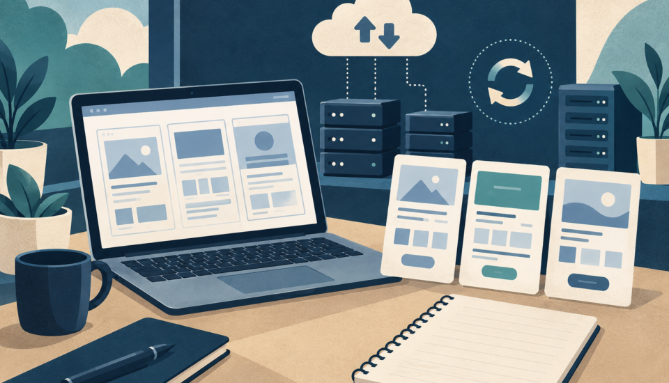 Conceptual illustration of website service cards beside hosting servers, cloud backup symbols and a blank planning notebook.