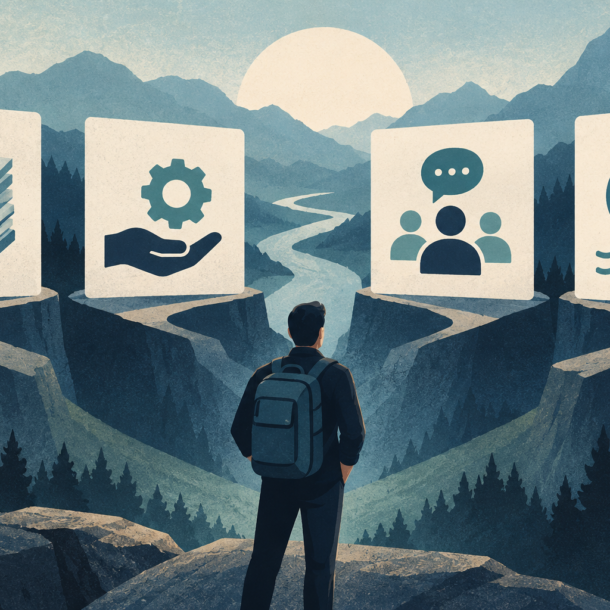 Conceptual illustration of a person comparing workload, service, team and recovery icons.