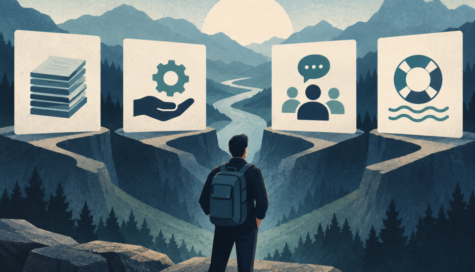 Conceptual illustration of a person comparing workload, service, team and recovery icons.