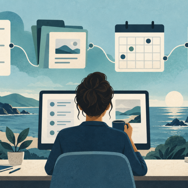 Conceptual illustration of client records linked to proposal folders, a calendar and renewal arrows.