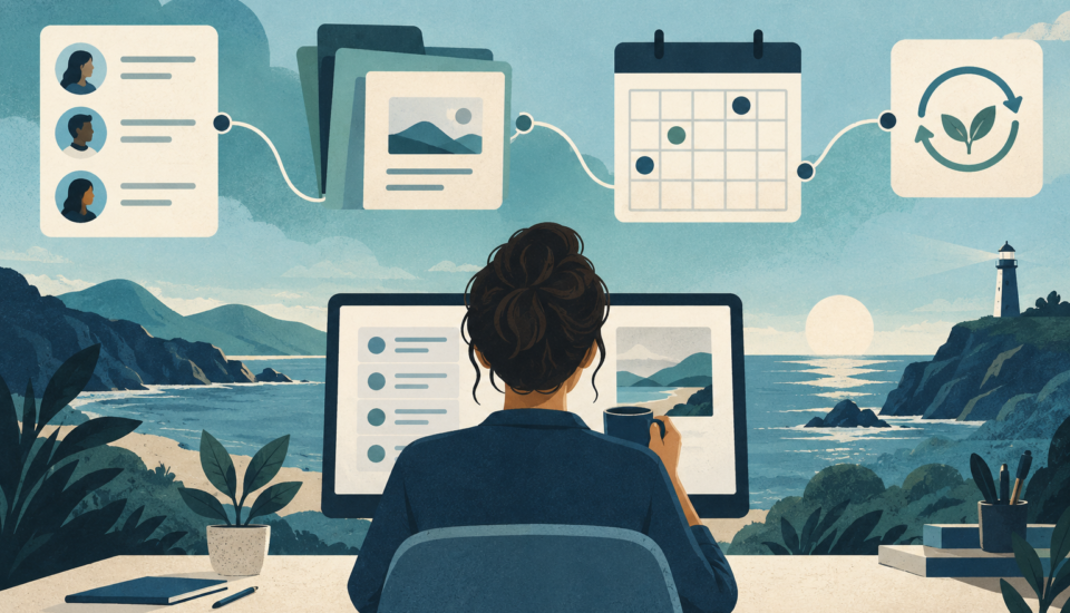 Conceptual illustration of client records linked to proposal folders, a calendar and renewal arrows.