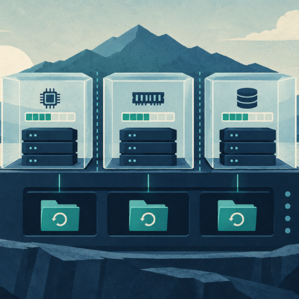 Conceptual illustration of server packages with processor, memory, database and backup icons.