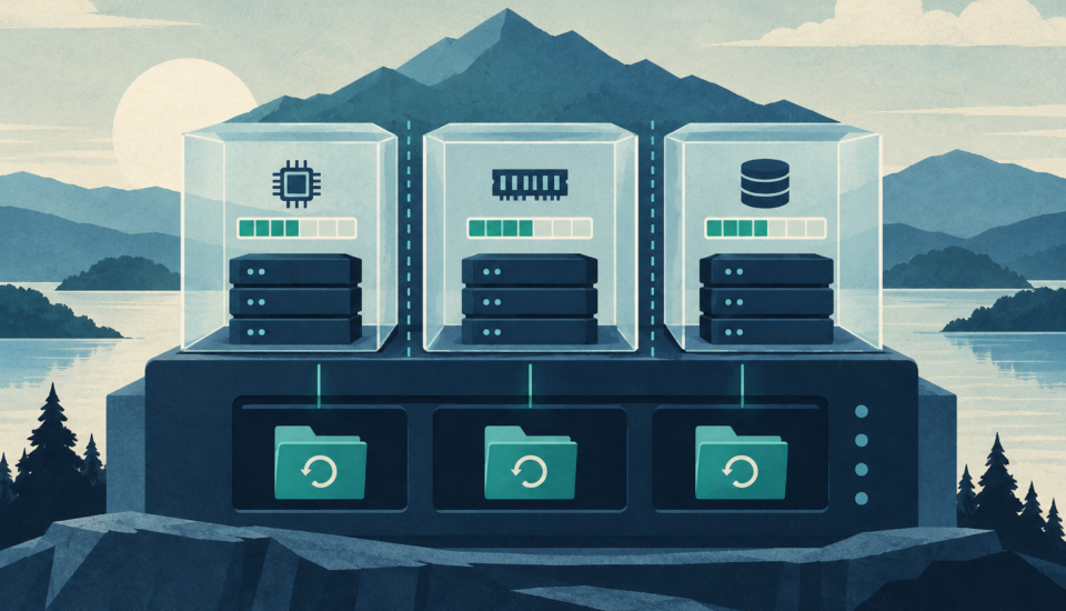 Conceptual illustration of server packages with processor, memory, database and backup icons.