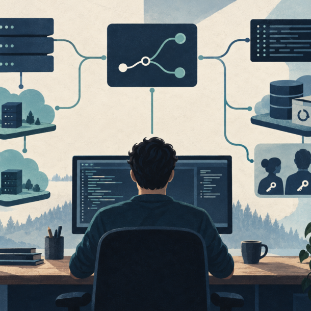 Conceptual illustration of a developer workspace connected to deployment branches, servers, logs, backups and access keys.