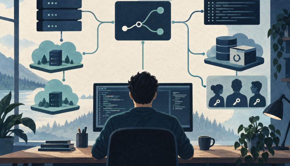 Conceptual illustration of a developer workspace connected to deployment branches, servers, logs, backups and access keys.