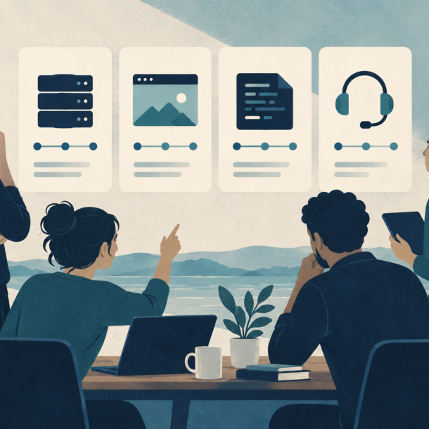Conceptual illustration of a team comparing server, website, code and support cards.