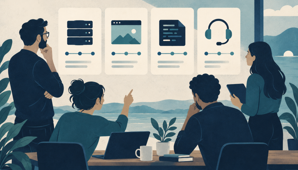 Conceptual illustration of a team comparing server, website, code and support cards.